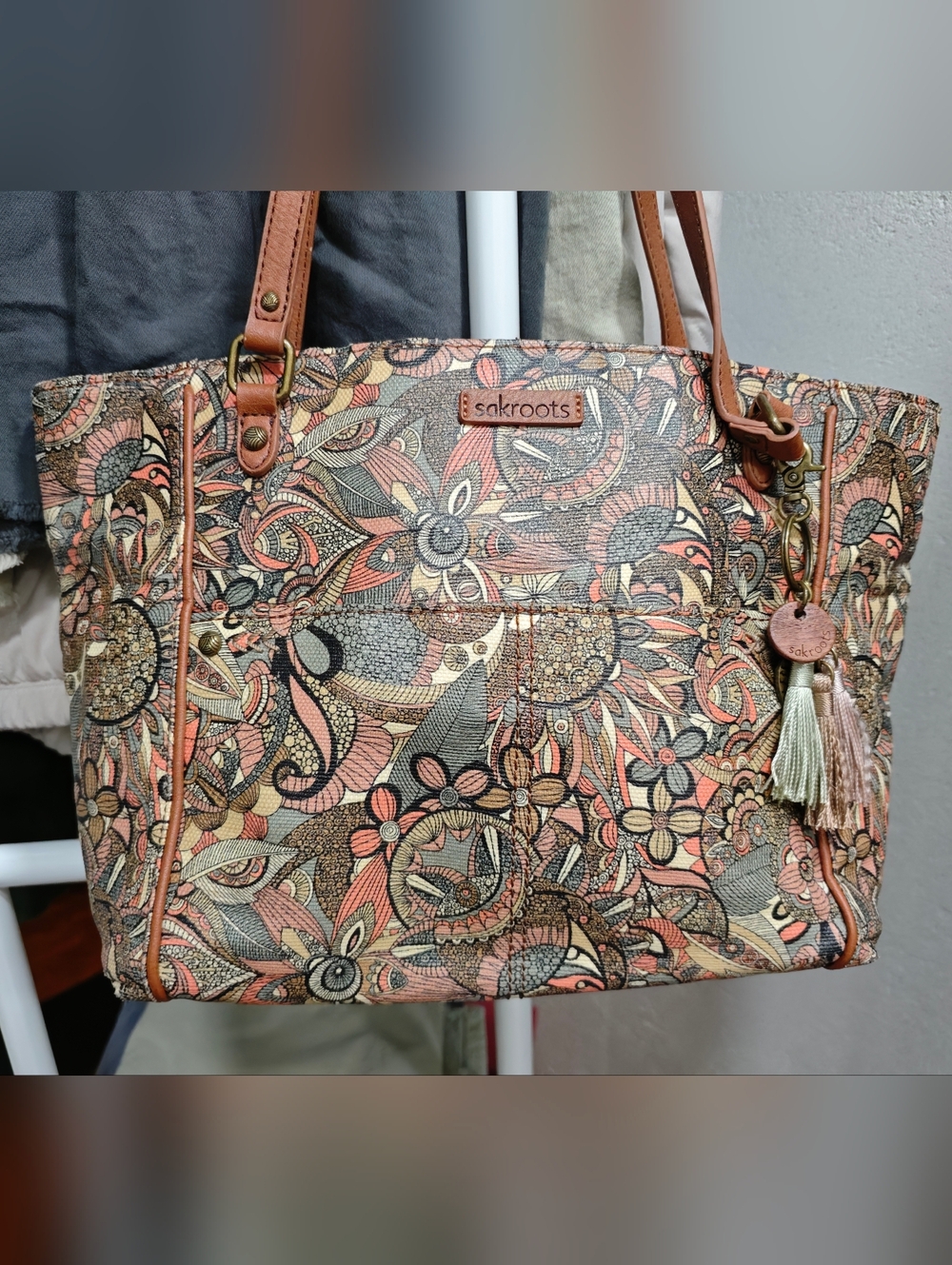 Sakroots Coral Multi Floral Canvas Tote with Brown Trim